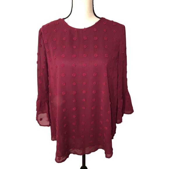 Betsy's Boutique Shop Tops - Betsys Boutique Shop Size S Textured Dots Flutter Blouse Burgundy Red Tunic Top